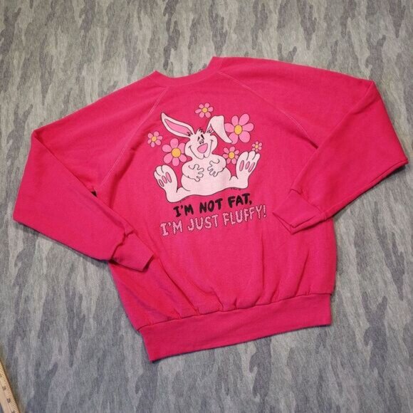 Vintage Tultex Sweatshirt Womens Large Pink Not Fat‎ Fluffly Bunny Print USA - Picture 3 of 13